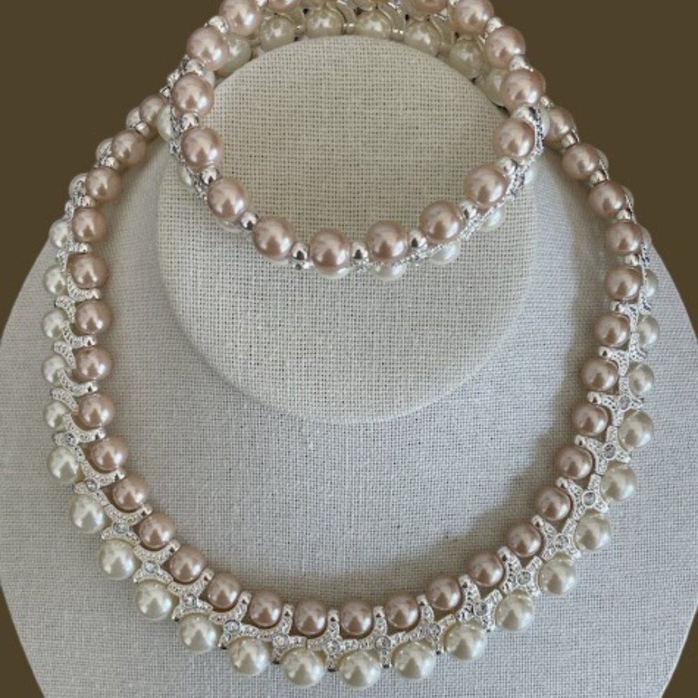 Vintage Retro Shofel Bros Signed SHB Faux Pearl Necklace Bracelet Set - Picture 2 of 8